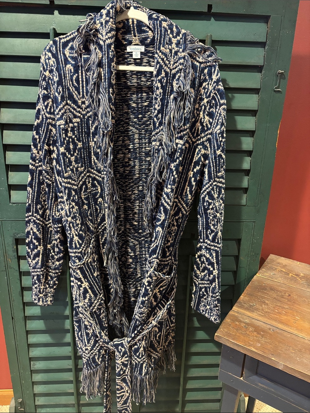Sundance Navy and Cream Fringed Open-Front Knit Cardigan